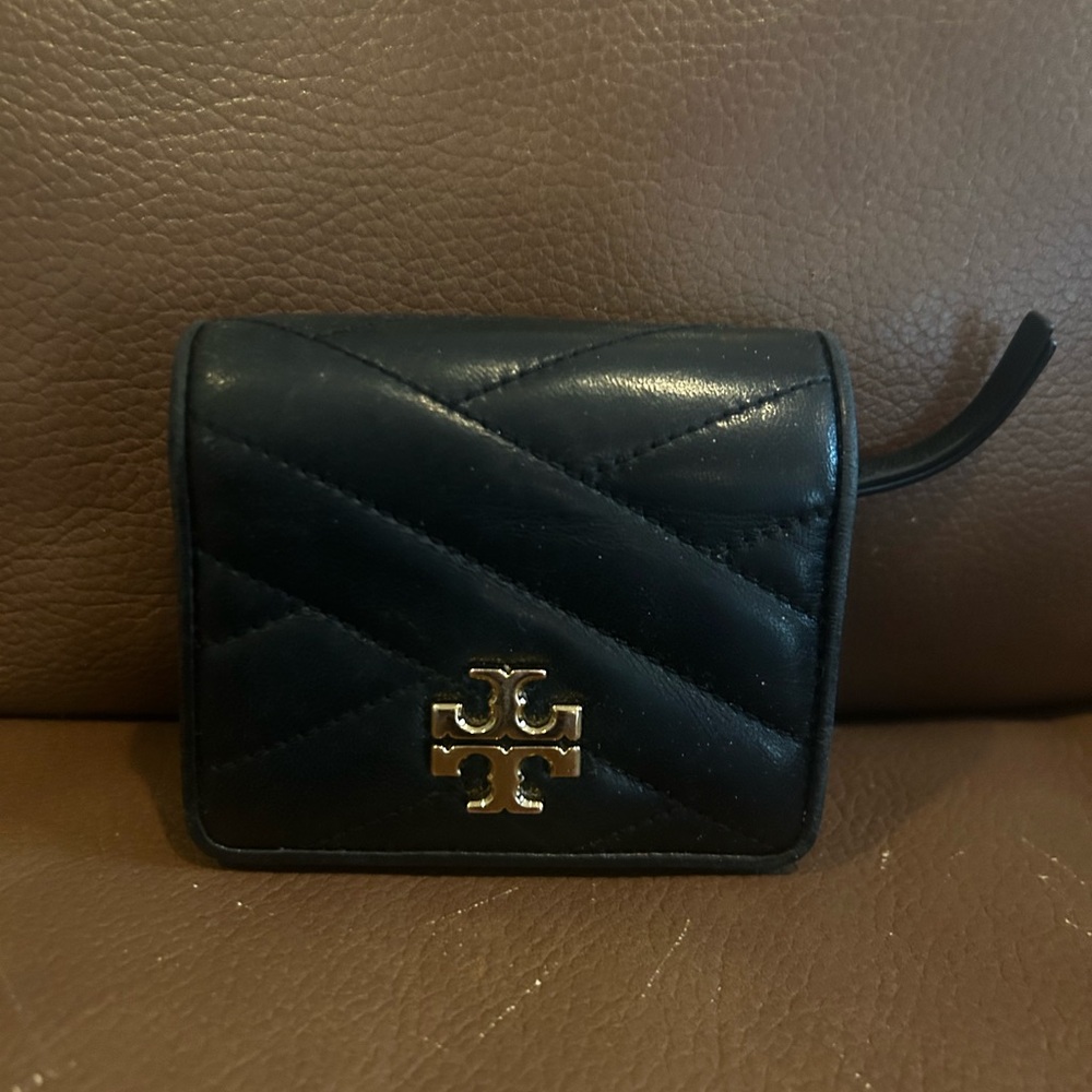 Tory Burch Black Quilted Leather Mini Wallet with Gold Logo